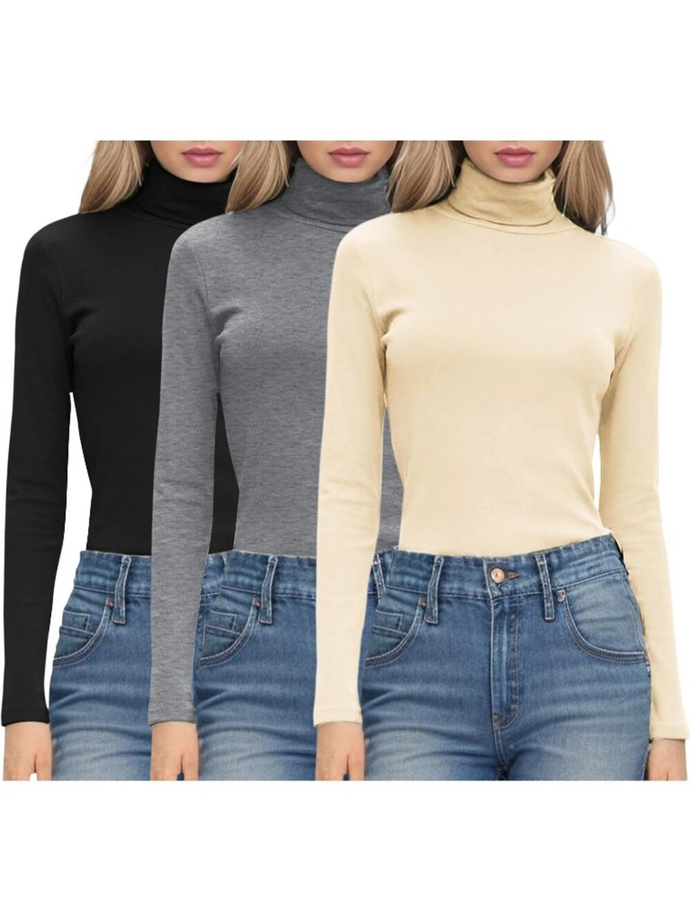 Women Beige/Grey/Black 3Pcs Ribbed Knit Turtleneck Slim Stretchy Layering Shirt